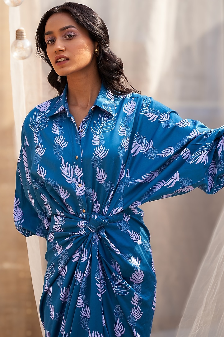 Deep Blue Cotton Satin Draped Skirt Summer Dress by Charkhee at Pernia's Pop Up Shop