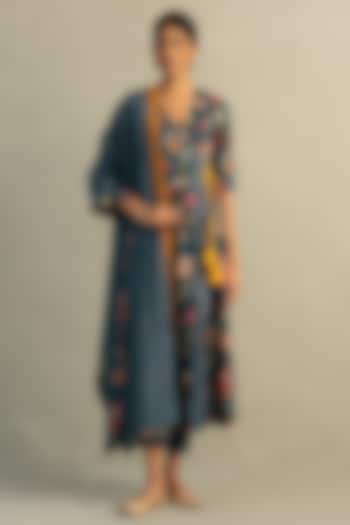 Teal Blue Cotton Handblock Printed & Sequin Work Kurta Set by Charkhee at Pernia's Pop Up Shop