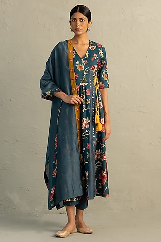 Teal Blue Cotton Handblock Printed & Sequin Work Kurta Set by Charkhee