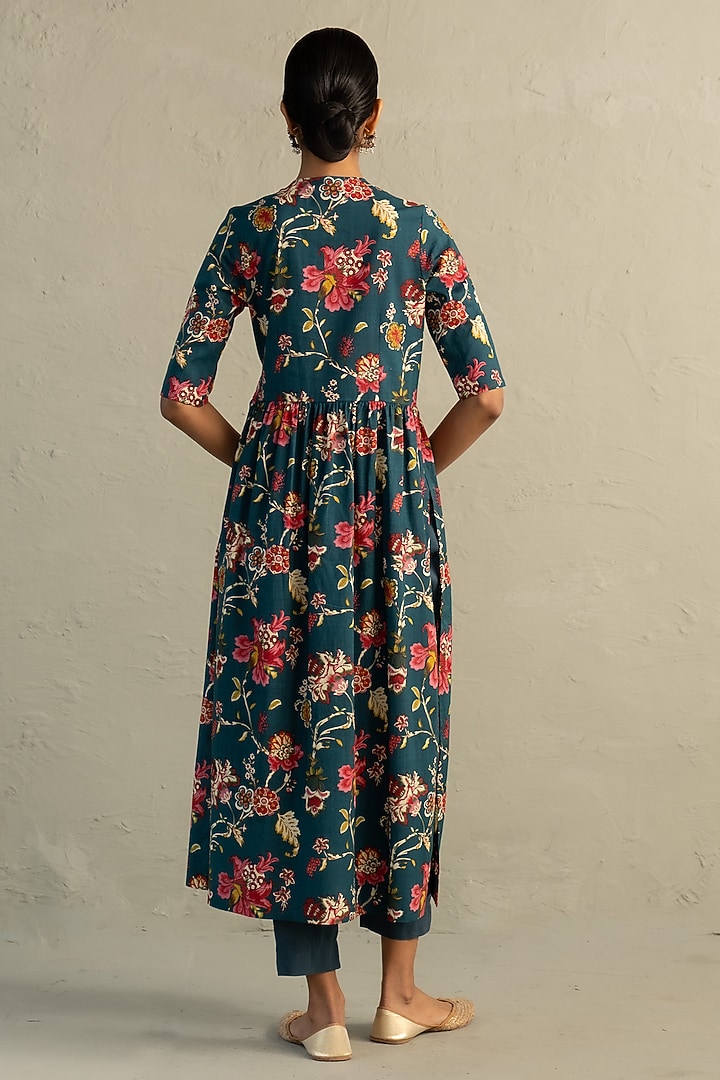 Teal Blue Cotton Handblock Printed & Sequin Work Kurta Set by Charkhee at Pernia's Pop Up Shop