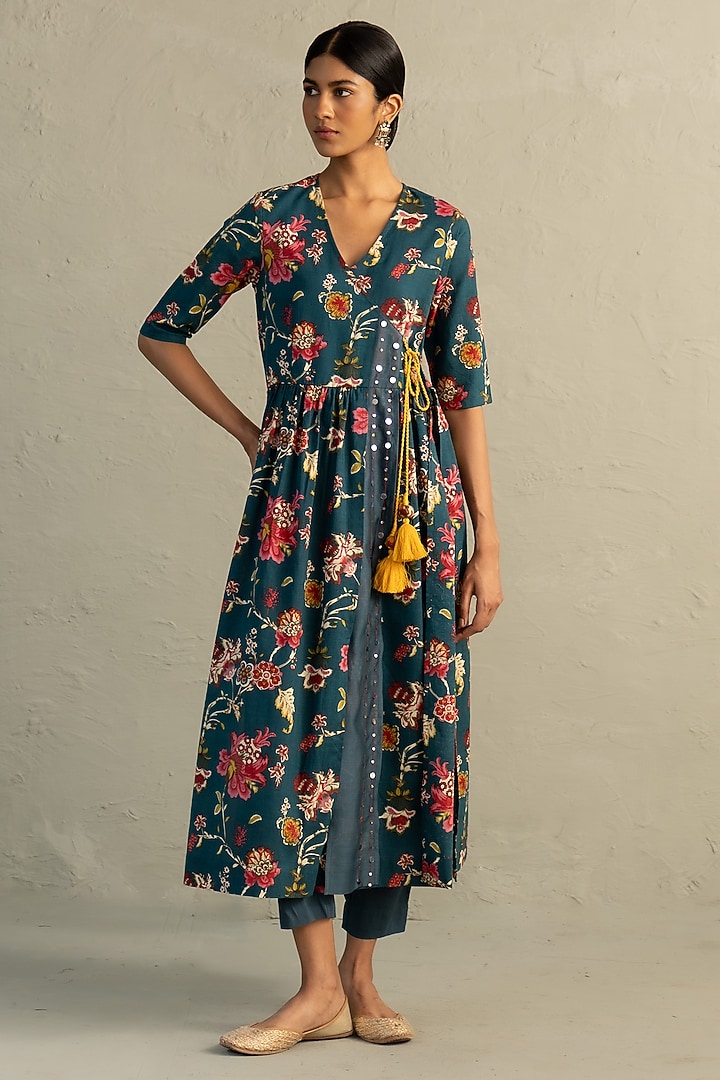 Teal Blue Cotton Handblock Printed & Sequin Work Kurta Set by Charkhee at Pernia's Pop Up Shop