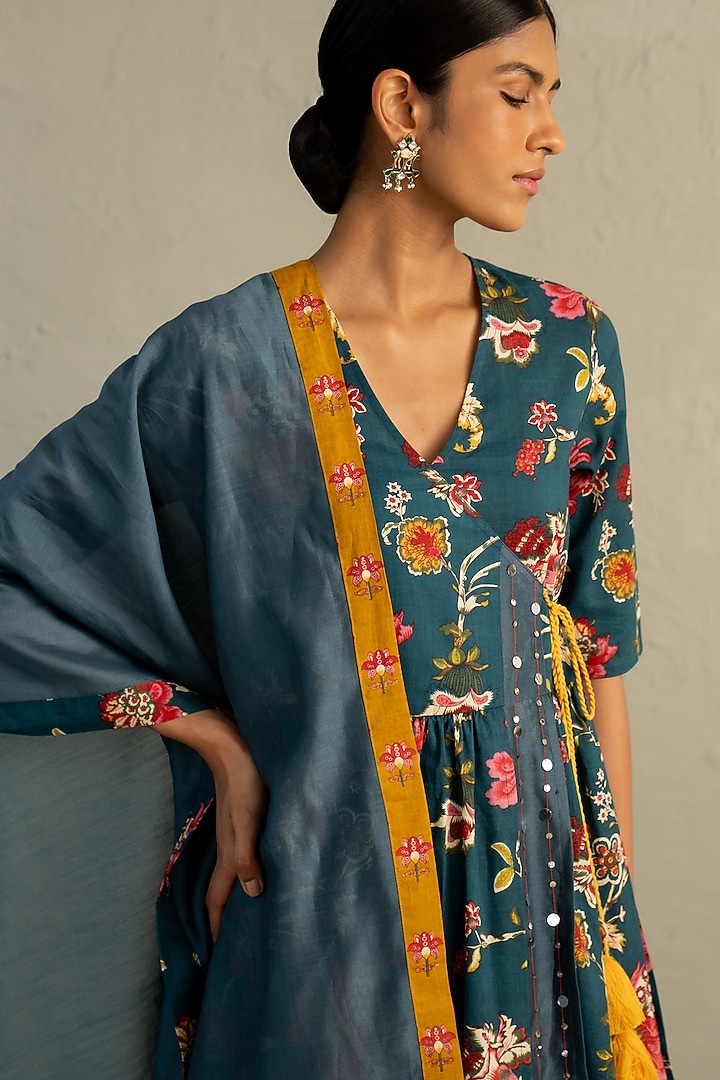 Teal Blue Cotton Handblock Printed & Sequin Work Kurta Set by Charkhee at Pernia's Pop Up Shop