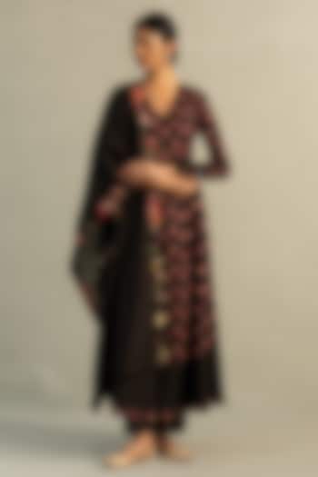 Black Cotton Floral Printed & Sequin Work Gathered Anarkali Set by Charkhee at Pernia's Pop Up Shop