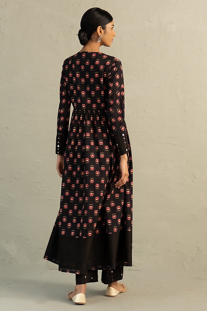 Black Cotton Floral Printed & Sequin Work Gathered Anarkali Set by Charkhee at Pernia's Pop Up Shop