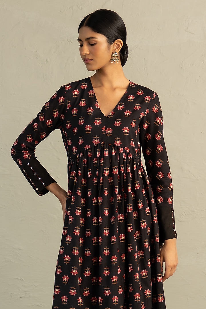 Black Cotton Floral Printed & Sequin Work Gathered Anarkali Set by Charkhee at Pernia's Pop Up Shop