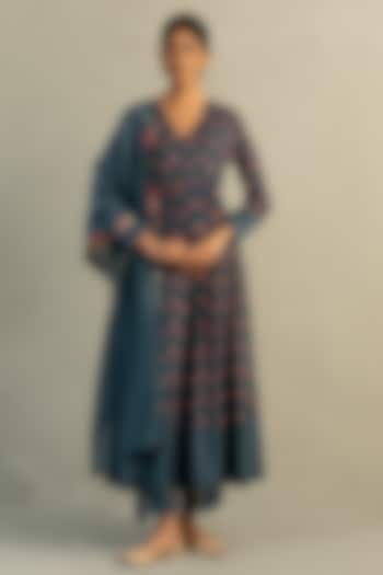 Teal Blue Cotton Floral Printed & Sequin Work Gathered Anarkali Set by Charkhee at Pernia's Pop Up Shop
