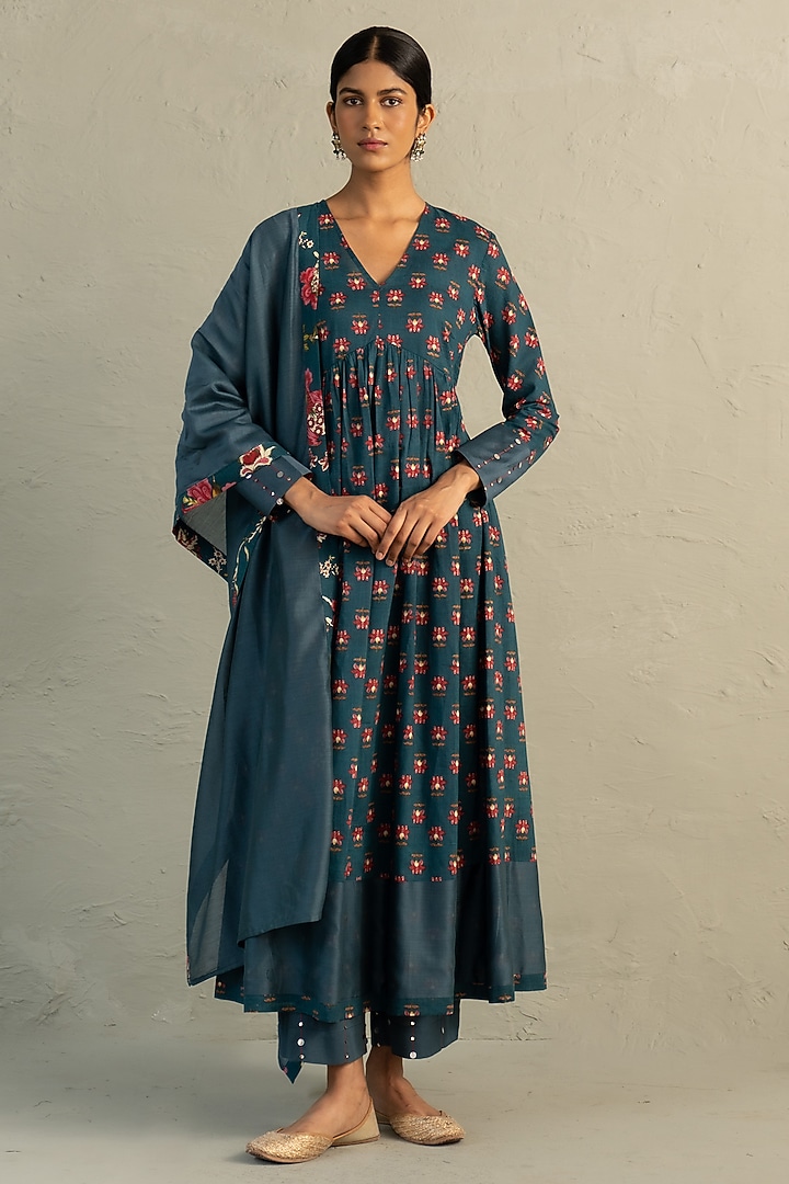 Teal Blue Cotton Floral Printed & Sequin Work Gathered Anarkali Set by Charkhee at Pernia's Pop Up Shop