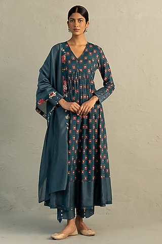 Teal Blue Cotton Floral Printed & Sequin Work Gathered Anarkali Set by Charkhee