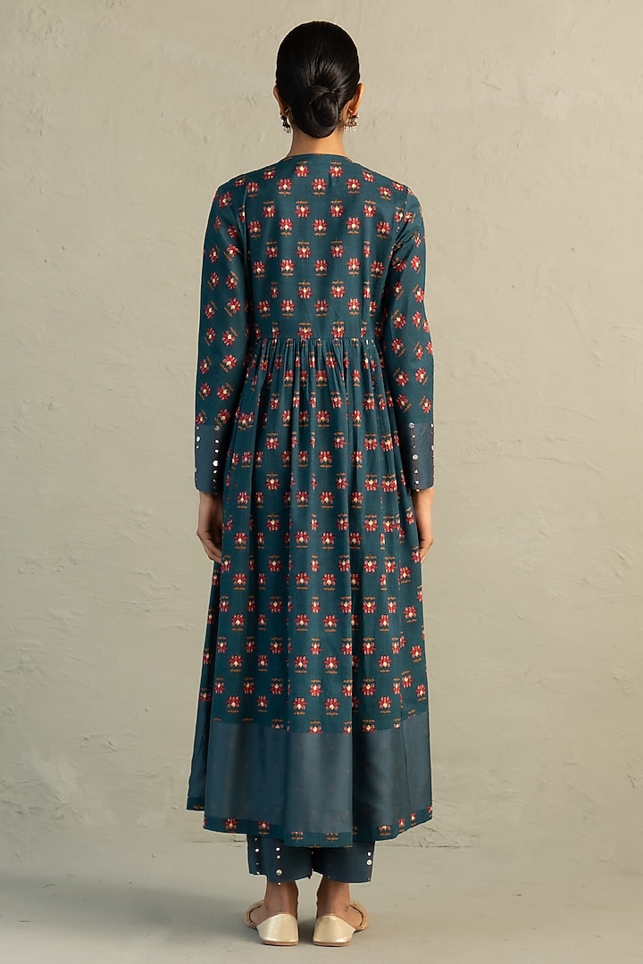 Teal Blue Cotton Floral Printed & Sequin Work Gathered Anarkali Set by Charkhee at Pernia's Pop Up Shop