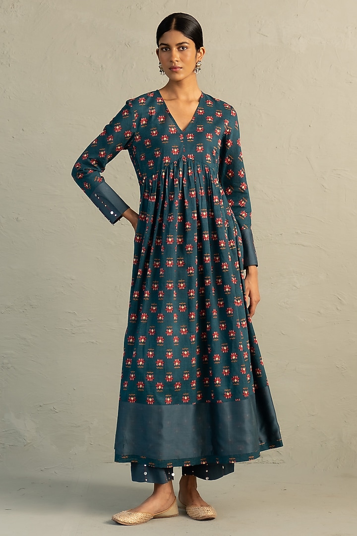 Teal Blue Cotton Floral Printed & Sequin Work Gathered Anarkali Set by Charkhee at Pernia's Pop Up Shop