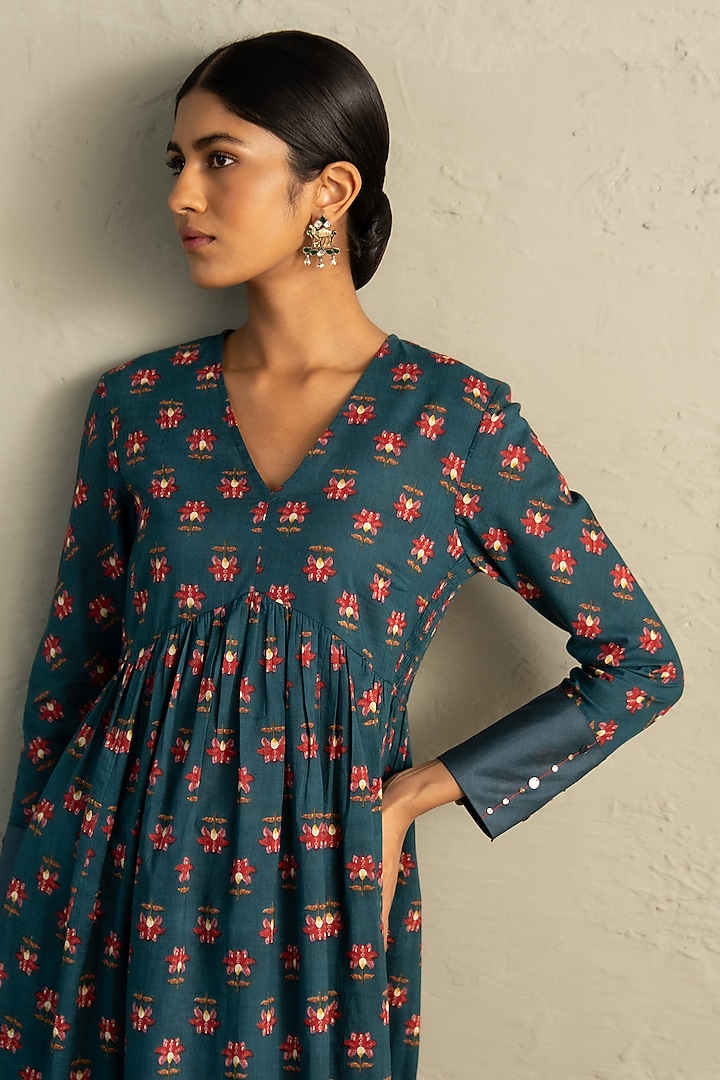 Teal Blue Cotton Floral Printed & Sequin Work Gathered Anarkali Set by Charkhee at Pernia's Pop Up Shop