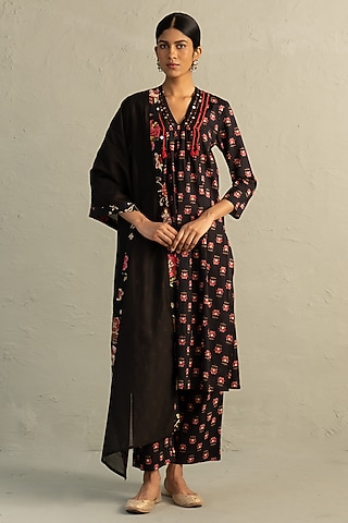 Black Cotton Floral Printed & Sequin Work Kurta Set by Charkhee