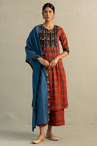Red Cotton Handblock Printed & Sequin Work Kurta Set by Charkhee