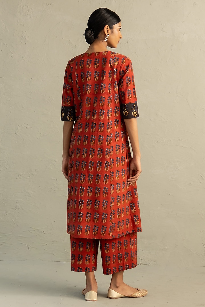 Red Cotton Handblock Printed & Sequin Work Kurta Set by Charkhee at Pernia's Pop Up Shop