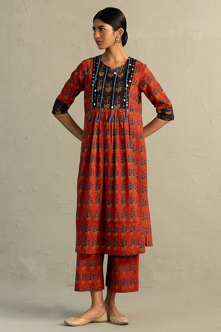 Red Cotton Handblock Printed & Sequin Work Kurta Set by Charkhee at Pernia's Pop Up Shop