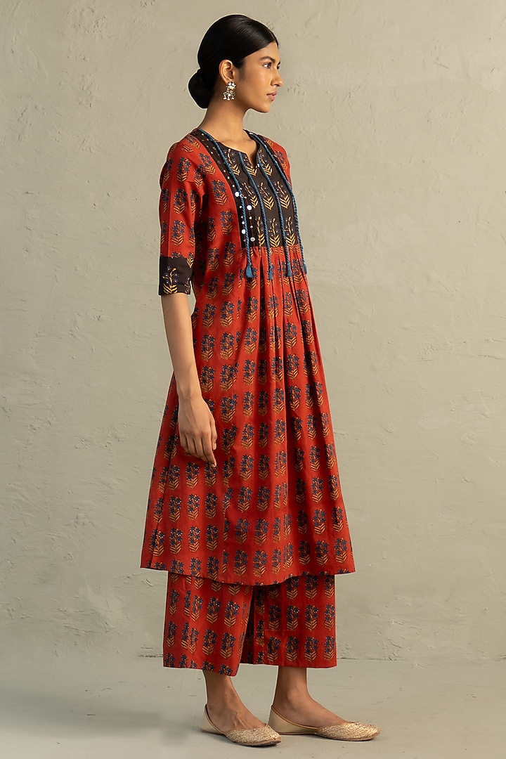 Red Cotton Handblock Printed & Sequin Work Kurta Set by Charkhee at Pernia's Pop Up Shop