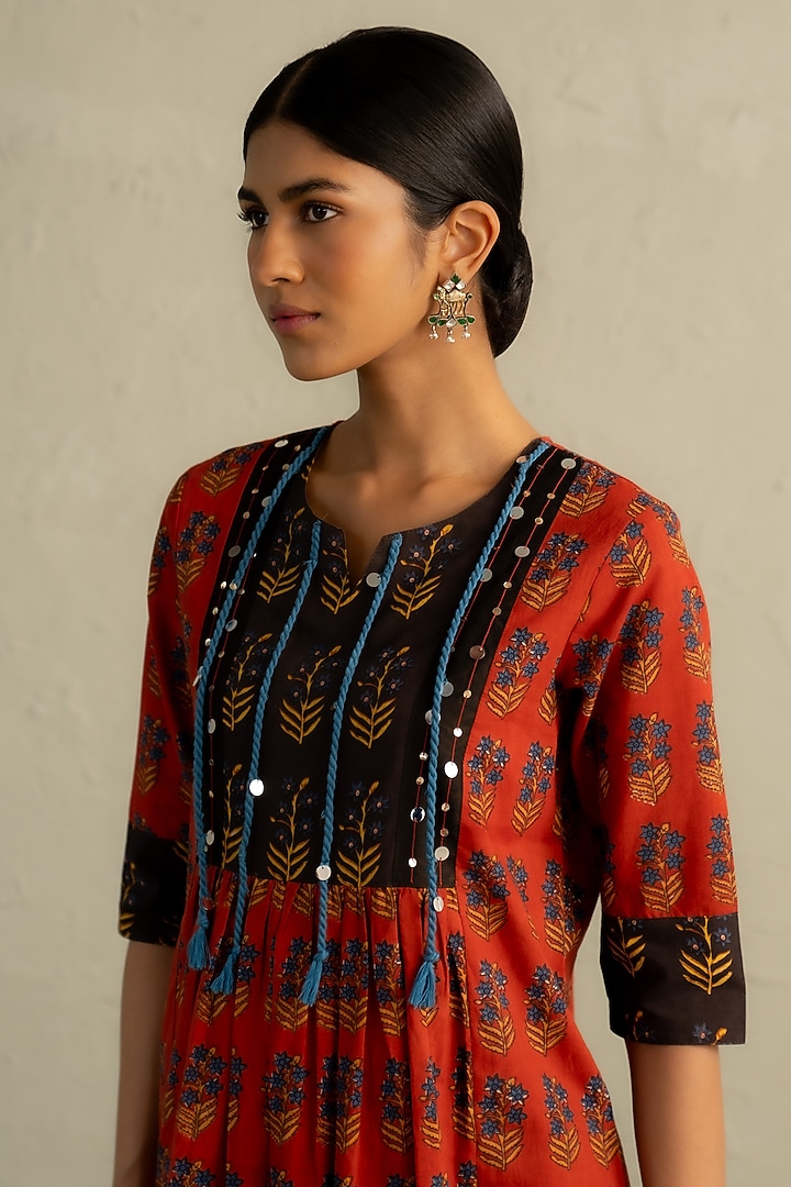 Red Cotton Handblock Printed & Sequin Work Kurta Set by Charkhee at Pernia's Pop Up Shop