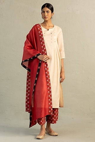Beige Cotton Sequin Work Kurta Set by Charkhee