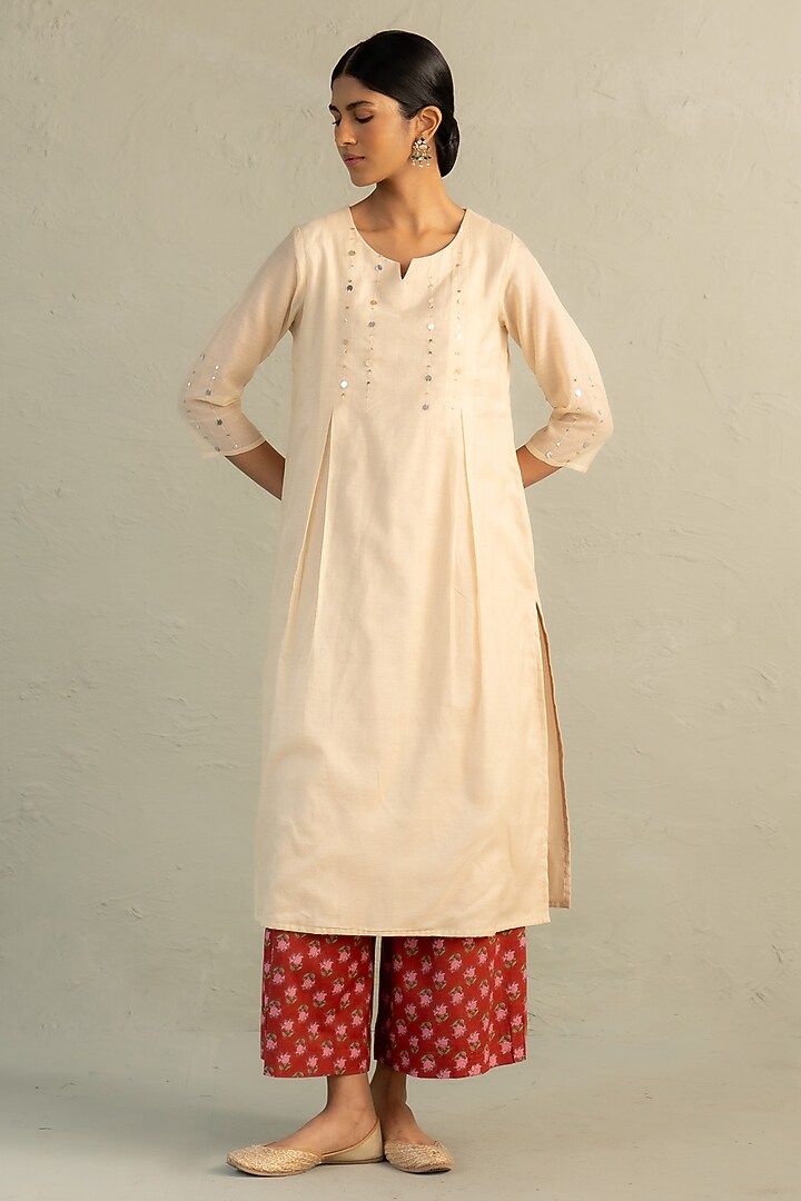 Beige Cotton Sequin Work Kurta Set by Charkhee at Pernia's Pop Up Shop