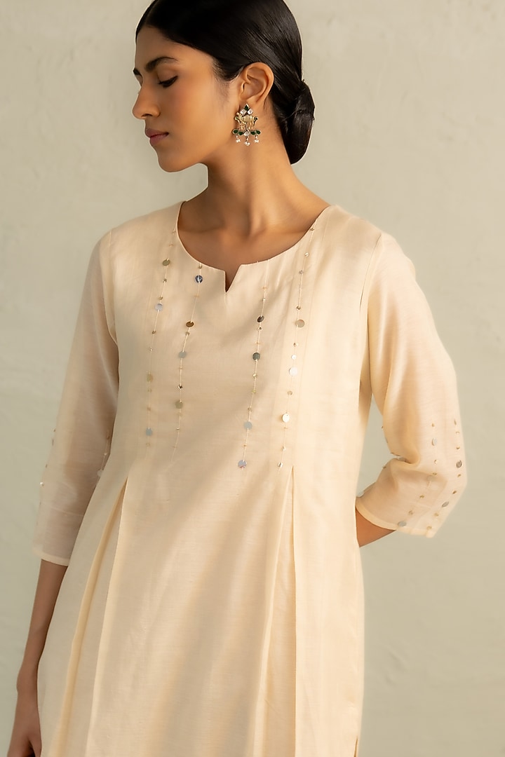 Beige Cotton Sequin Work Kurta Set by Charkhee at Pernia's Pop Up Shop