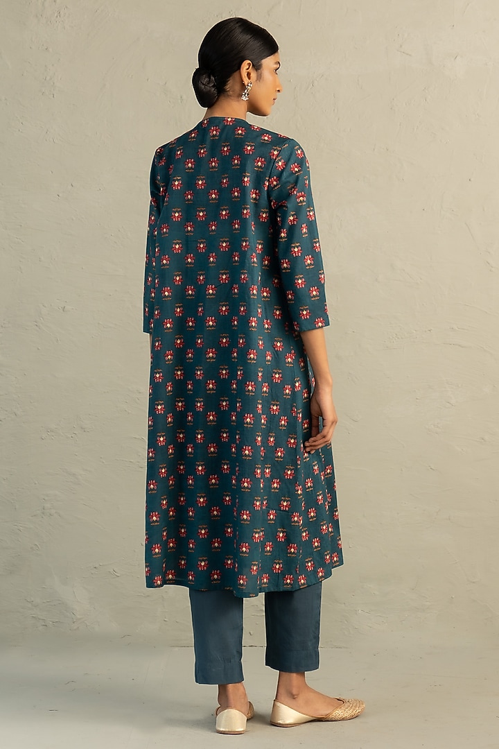 Teal Blue Cotton Floral Printed & Sequin Work Kurta Set by Charkhee at Pernia's Pop Up Shop