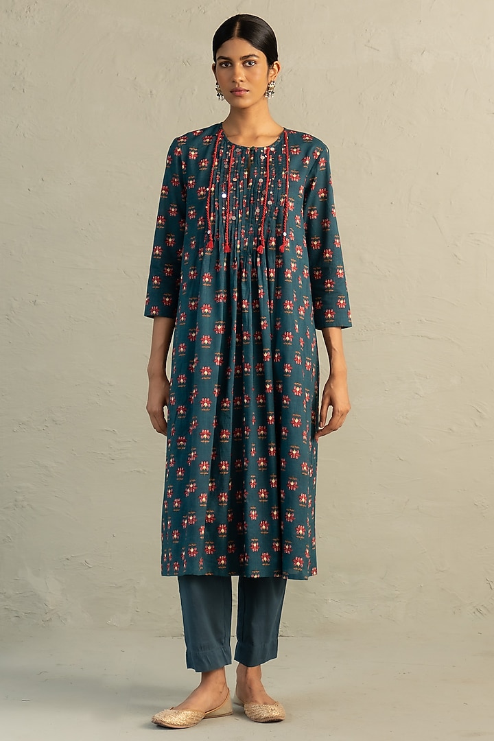 Teal Blue Cotton Floral Printed & Sequin Work Kurta Set by Charkhee at Pernia's Pop Up Shop