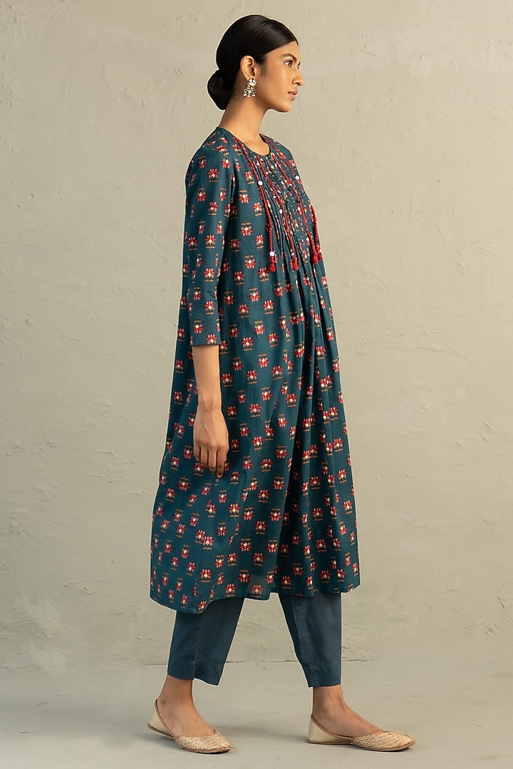 Teal Blue Cotton Floral Printed & Sequin Work Kurta Set by Charkhee at Pernia's Pop Up Shop