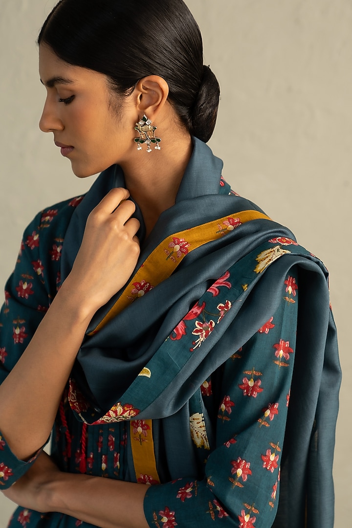Teal Blue Cotton Floral Printed & Sequin Work Kurta Set by Charkhee at Pernia's Pop Up Shop