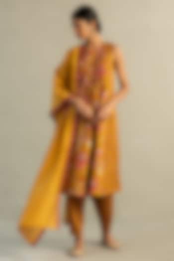 Mustard Cotton Floral Printed & Sequin Work Kurta Set by Charkhee at Pernia's Pop Up Shop