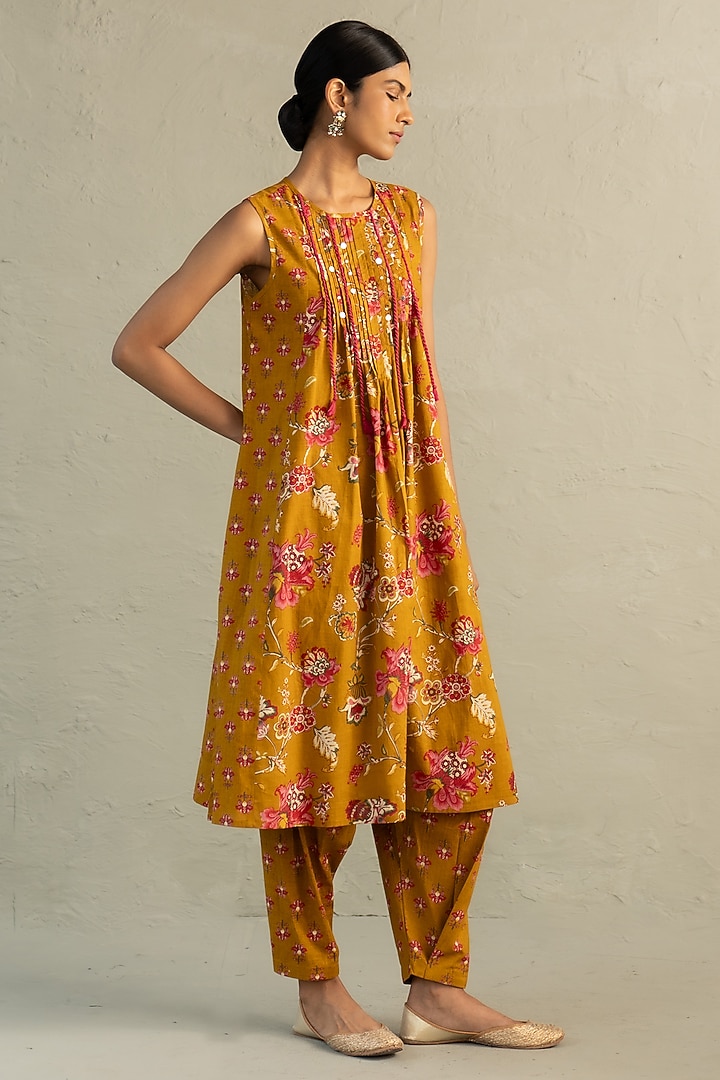 Mustard Cotton Floral Printed & Sequin Work Kurta Set by Charkhee at Pernia's Pop Up Shop