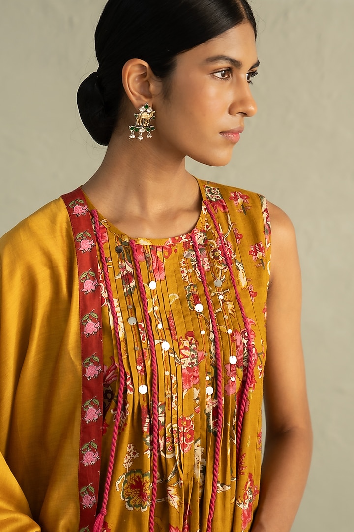 Mustard Cotton Floral Printed & Sequin Work Kurta Set by Charkhee at Pernia's Pop Up Shop