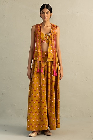 Mustard Cotton Floral Printed Skirt Set by Charkhee