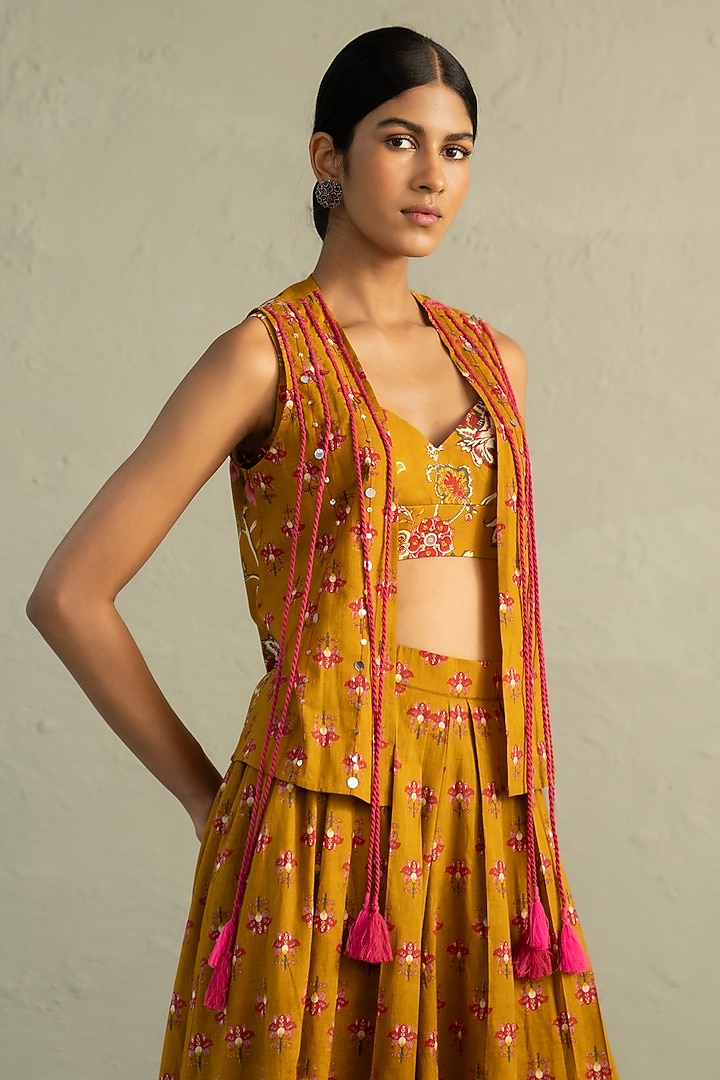 Mustard Cotton Floral Printed Skirt Set by Charkhee at Pernia's Pop Up Shop