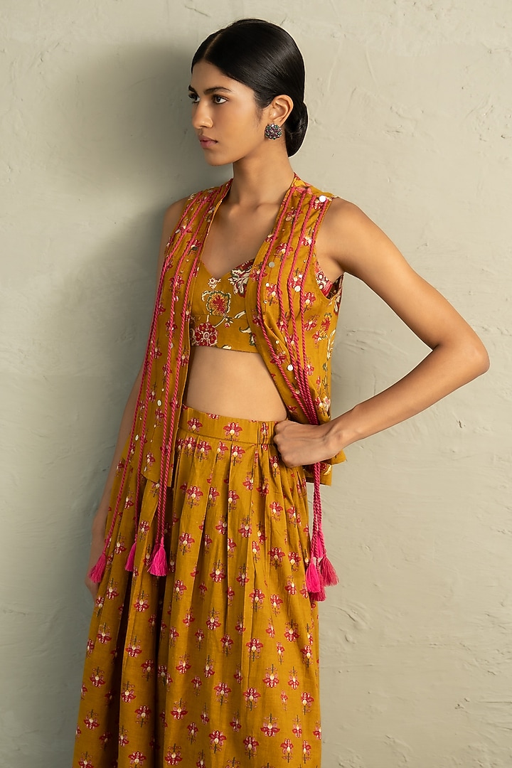 Mustard Cotton Floral Printed Skirt Set by Charkhee at Pernia's Pop Up Shop