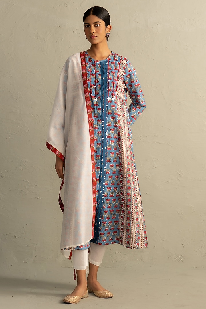 Blue Cotton Handblock Printed & Sequin Work Kurta Set by Charkhee at Pernia's Pop Up Shop