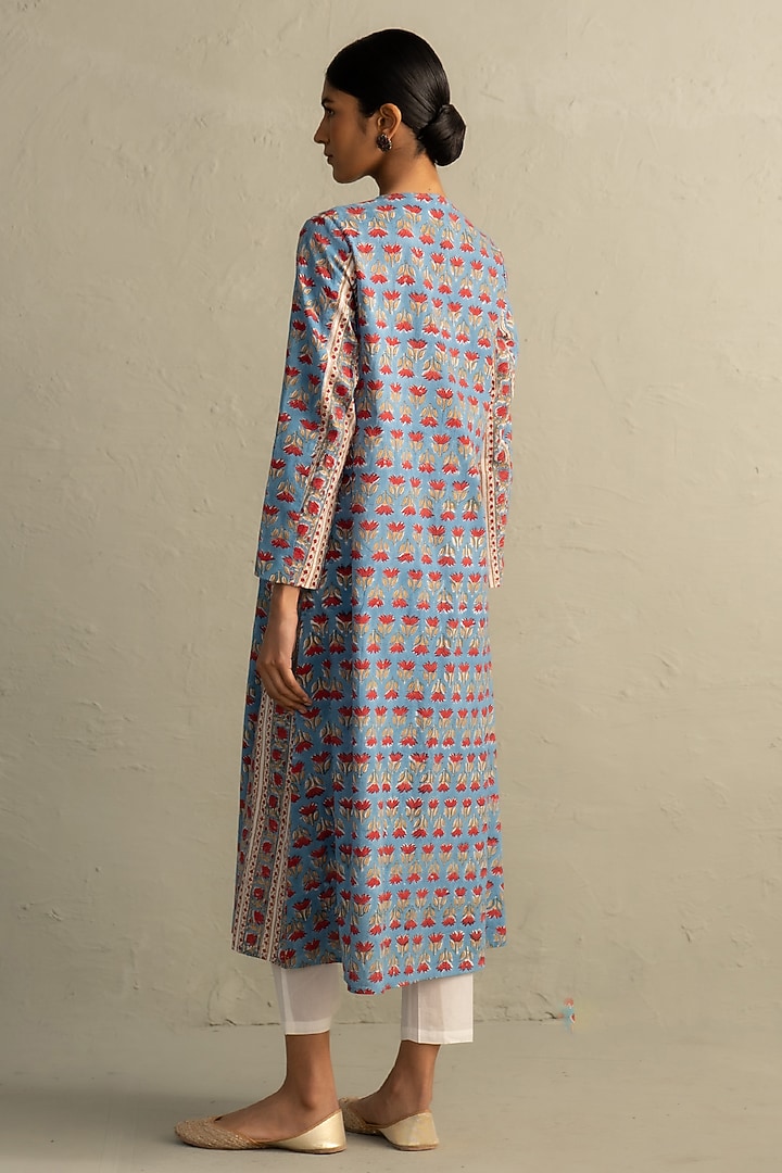 Blue Cotton Handblock Printed & Sequin Work Kurta Set by Charkhee at Pernia's Pop Up Shop