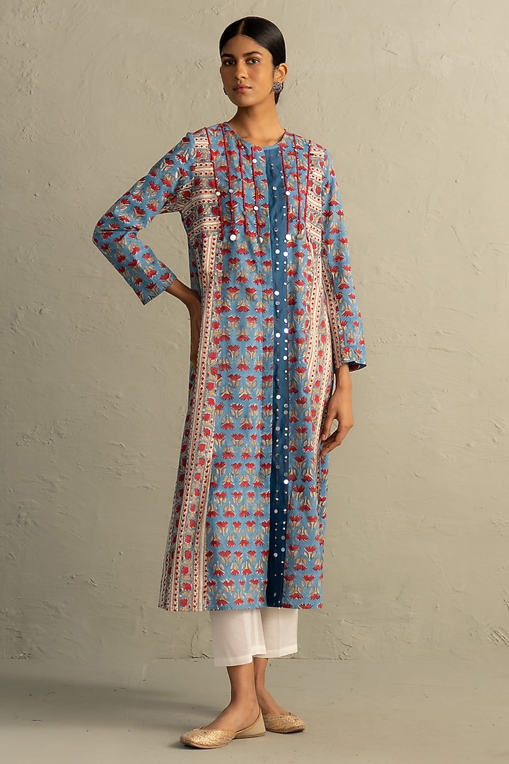 Blue Cotton Handblock Printed & Sequin Work Kurta Set by Charkhee at Pernia's Pop Up Shop