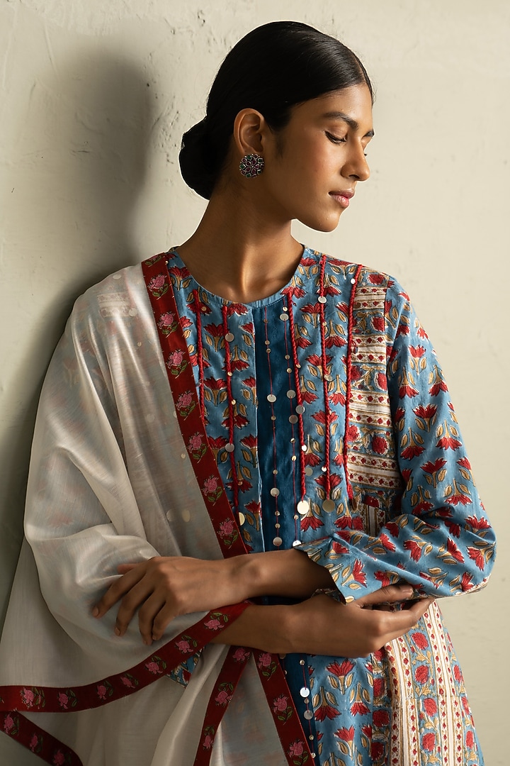 Blue Cotton Handblock Printed & Sequin Work Kurta Set by Charkhee at Pernia's Pop Up Shop
