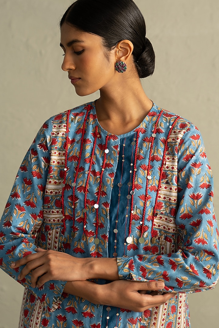 Blue Cotton Handblock Printed & Sequin Work Kurta Set by Charkhee at Pernia's Pop Up Shop