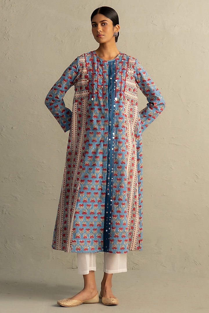 Blue Cotton Handblock Printed & Sequin Work Kurta Set by Charkhee at Pernia's Pop Up Shop