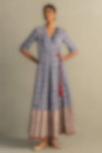Blue Cotton Handblock Printed Wrap Around Maxi Summer Dress by Charkhee at Pernia's Pop Up Shop