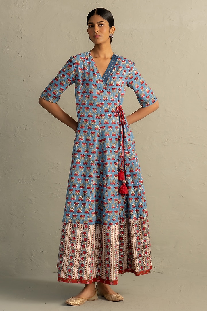 Blue Cotton Handblock Printed Wrap Around Maxi Summer Dress by Charkhee at Pernia's Pop Up Shop
