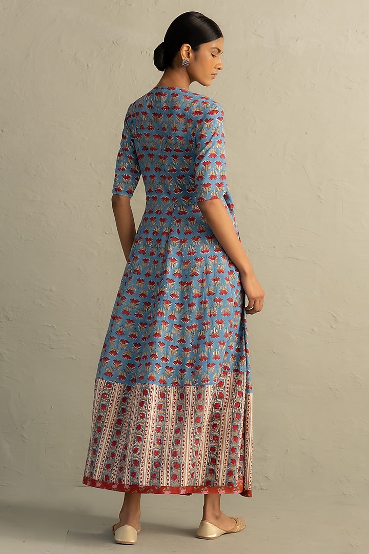 Blue Cotton Handblock Printed Wrap Around Maxi Summer Dress by Charkhee at Pernia's Pop Up Shop