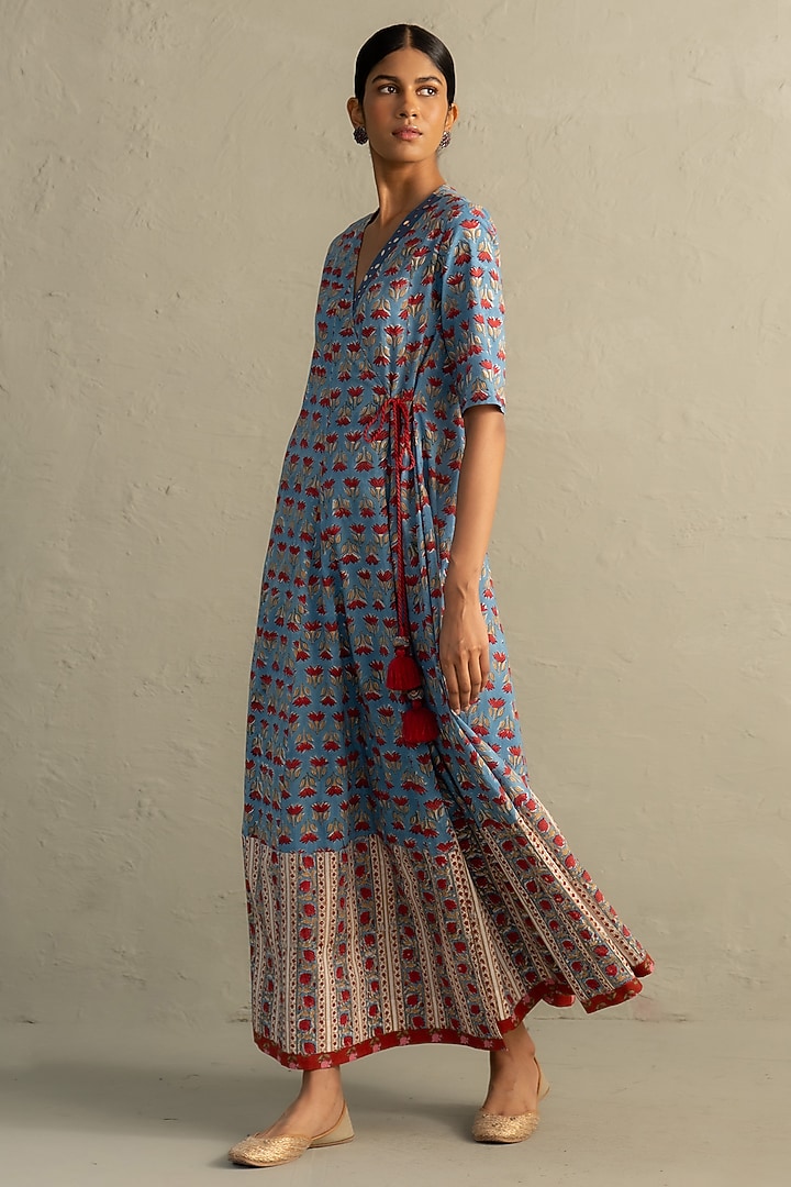 Blue Cotton Handblock Printed Wrap Around Maxi Summer Dress by Charkhee at Pernia's Pop Up Shop