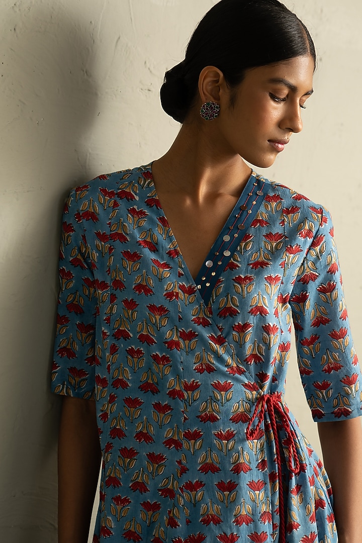 Blue Cotton Handblock Printed Wrap Around Maxi Summer Dress by Charkhee at Pernia's Pop Up Shop