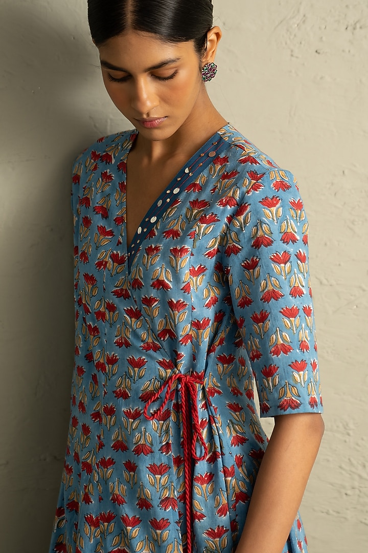 Blue Cotton Handblock Printed Wrap Around Maxi Summer Dress by Charkhee at Pernia's Pop Up Shop