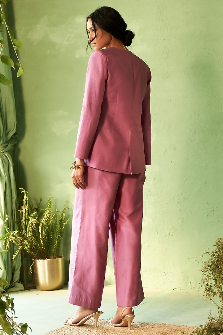 Purple Chanderi & Voile Motif Embroidered Jacket Set by Charkhee at Pernia's Pop Up Shop