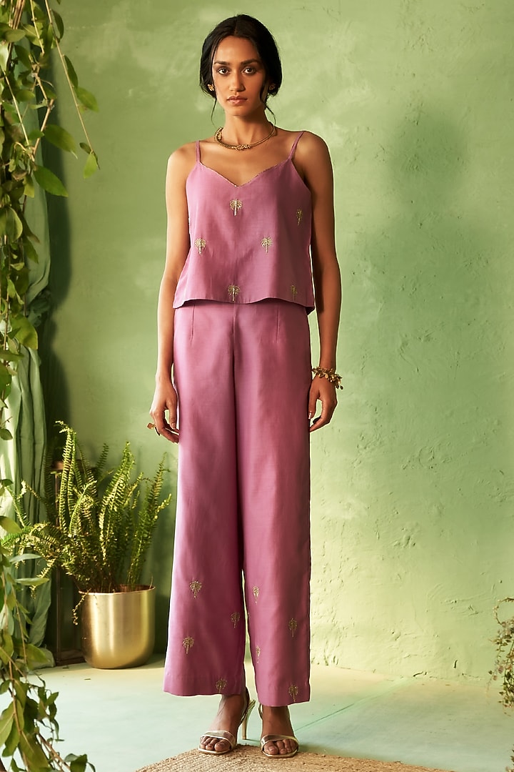 Purple Chanderi & Voile Motif Embroidered Jacket Set by Charkhee at Pernia's Pop Up Shop