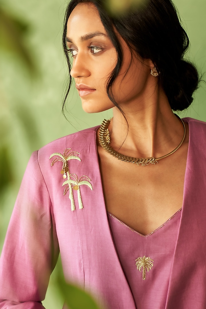 Purple Chanderi & Voile Motif Embroidered Jacket Set by Charkhee at Pernia's Pop Up Shop
