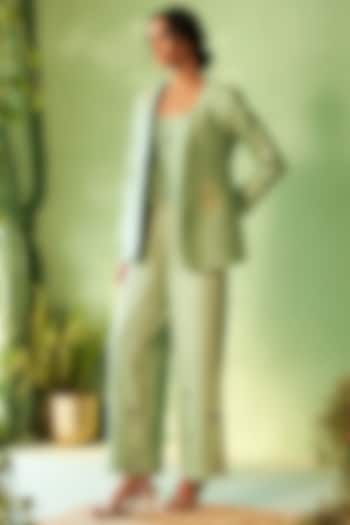 Tea Green Chanderi & Voile Motif Embroidered Jacket Set by Charkhee at Pernia's Pop Up Shop